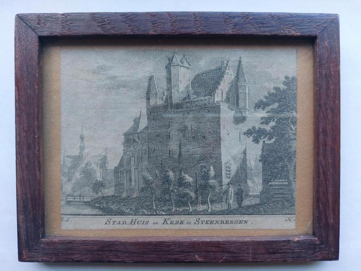 17 / ingelijste gravure uit 1746 Steenbergen Kerk + Stadhuis, Antiek en Kunst, Kunst | Etsen en Gravures, Ophalen of Verzenden