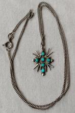 Vintage ketting met zilveren kruisje ingelegd met turkooisje, Sieraden, Tassen en Uiterlijk, Kettingen, Ophalen of Verzenden, Blauw