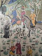 Perzische zijdeschildering – Hofscène, Antiek en Kunst, Kunst | Niet-Westerse kunst, Ophalen of Verzenden