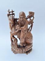 Antiek Chinees houten beeld  God Shoulao op Hert , Ophalen of Verzenden