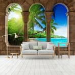 Fotobehang - Tropisch Strand met Palmbomen 3D - 416 x 254 cm, Ophalen of Verzenden, Minder dan 10 m², Groen, Strand
