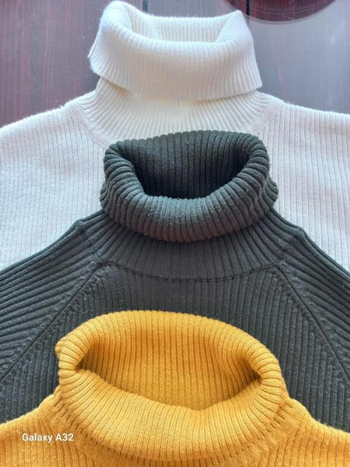 koltrui ribbel gebreid, off white okergeel groen, maat M, Kleding | Dames, Truien en Vesten, Zo goed als nieuw, Maat 38/40 (M)