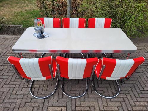 Amerikaanse Bel Air diner tafel + 6 stoelen fifties sixties, Huis en Inrichting, Stoelen, Zo goed als nieuw, Vijf, Zes of meer stoelen