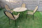 Teak & Iron set met 4 stoelen stapelbaar + tafel opklapbaar, Ophalen, 4 zitplaatsen, Teakhout, Zo goed als nieuw