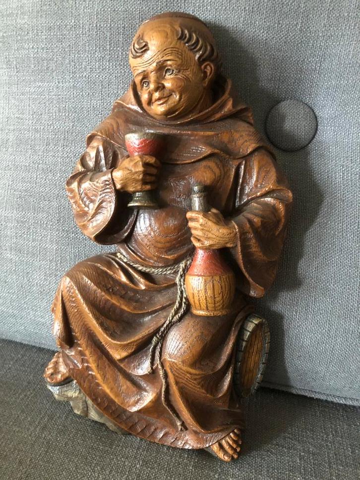 Houten muurhanger vintage wijn monnik pater houtsnijwerk, Antiek en Kunst, Curiosa en Brocante, Ophalen of Verzenden