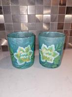 2 Turquoise Waxinelichthouders met Bloemen, Huis en Inrichting, Woonaccessoires | Kandelaars en Kaarsen, Ophalen of Verzenden