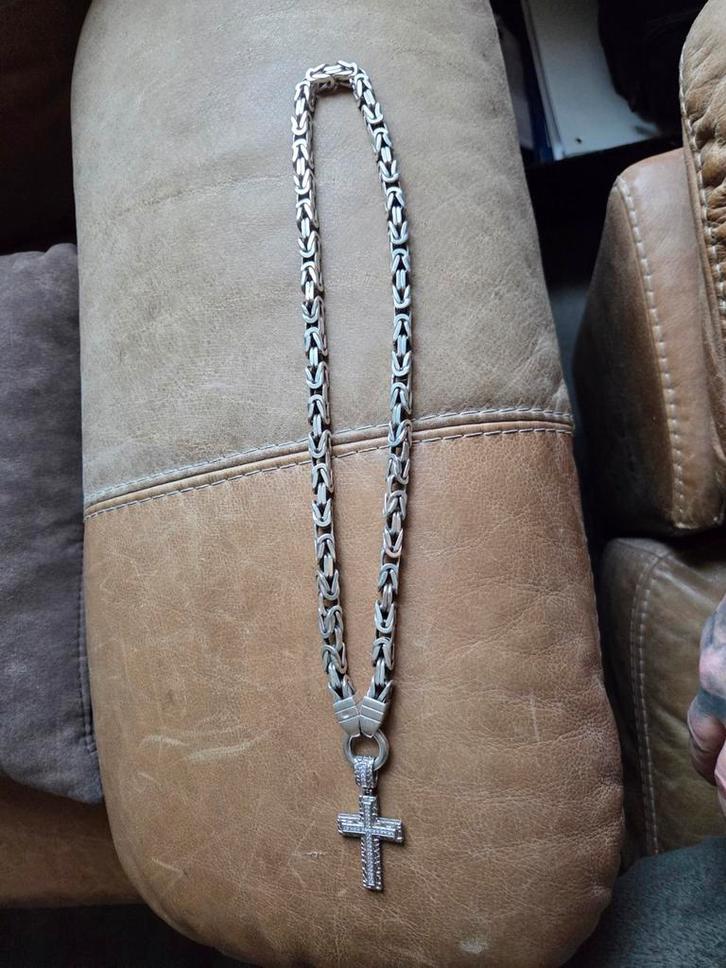 Zilveren Koningsketting met Kruis Hanger, Sieraden, Tassen en Uiterlijk, Kettingen, Zo goed als nieuw, Zilver, Zilver, Met hanger