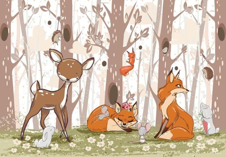 Hertje en vossen vlies behang - Bosdieren - Muurdeco4kids, Kinderen en Baby's, Kinderkamer | Inrichting en Decoratie, Nieuw, Wanddecoratie