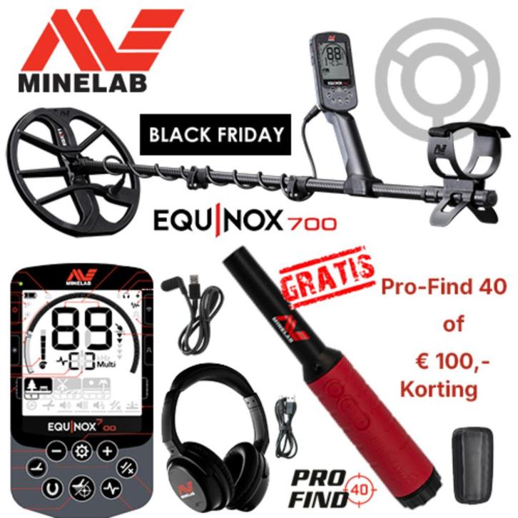 Minelab Equinox 700 Black Friday met PF40 of € 100 korting !, Hobby en Vrije tijd, Metaaldetectors, Nieuw, Meer dan 30 cm, Minelab
