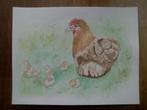 Aquarel Kip met kuikens 35 x 27 cm, Ophalen, Minder dan 50 cm, Oorspronkelijke maker, Nieuw