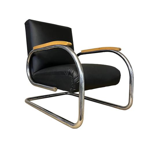 Armchair In Zwart Leder Van Tubax, Huis en Inrichting, Fauteuils, Gebruikt, Hout, Leer, Metaal, 50 tot 75 cm, 75 tot 100 cm, Ophalen