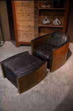 Aviator Fauteuil + Hocker,  messing met antraciet grijs leer, Stoer Industrieel, 75 tot 100 cm, Zo goed als nieuw, Metaal