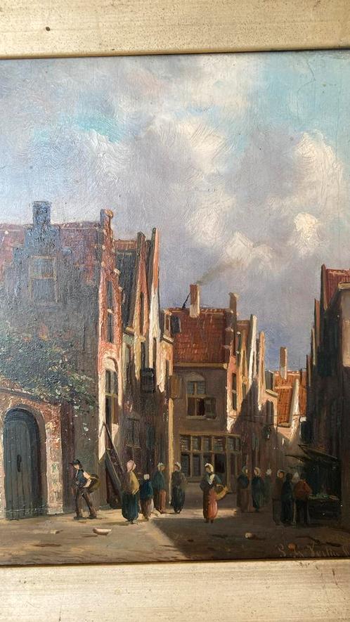 Antiek olieverf paneel straatje in stad, Antiek en Kunst, Kunst | Schilderijen | Klassiek, Ophalen of Verzenden