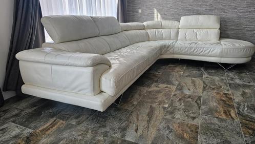 Leren roomwitte hoekbank met hoofdsteunen 3,45x2,50m, Huis en Inrichting, Banken | Complete zithoeken, Gebruikt, Leer, Ophalen
