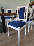 Prachtige houten eetkamerstoelen, nieuw gestoffeerd (blauw), Ophalen, Gebruikt, Met jeans stof (donkerblauwe kleur), Wit