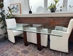 Glazen ettafel Herval met 4 leren stoelen, Ophalen, Zo goed als nieuw, 4 tot 6 stoelen
