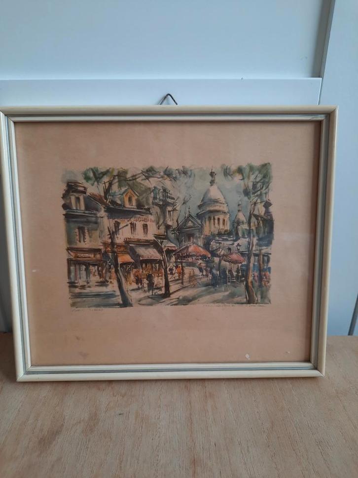 Vintage Parijs Print Ingelijst. Gesigneerd., Antiek en Kunst, Kunst | Tekeningen en Foto's, Ophalen of Verzenden