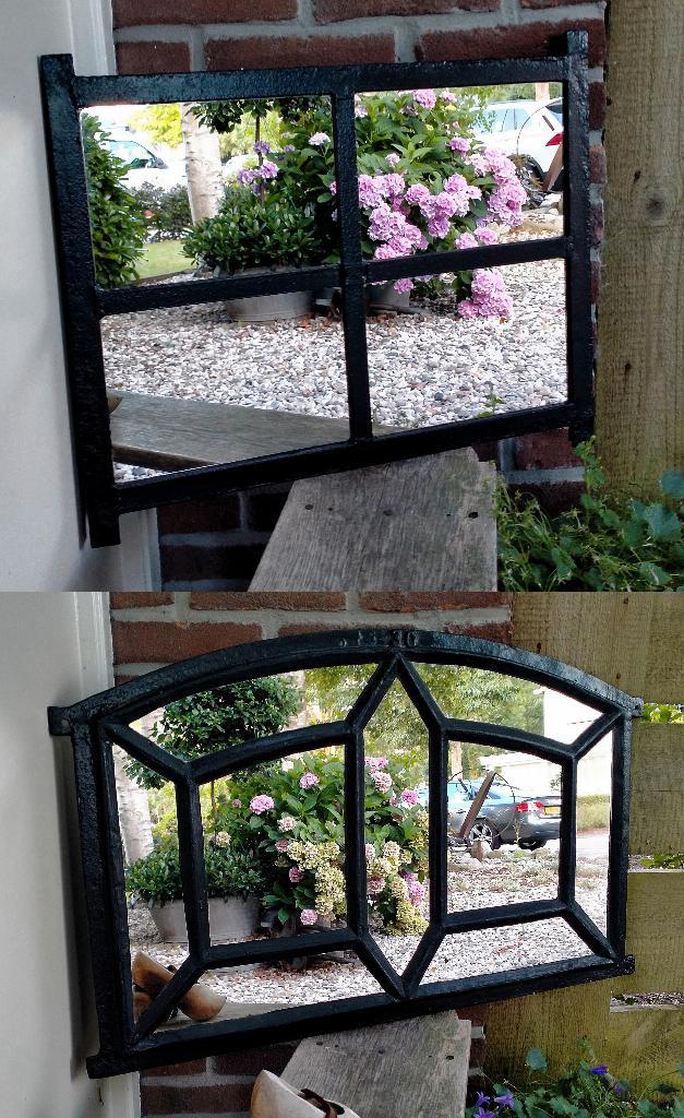2x Antiek ijzeren Stalraam Spiegel Tuinspiegel - Zie Omschr, Tuin en Terras, Tuinwanddecoratie, Zo goed als nieuw, Ophalen of Verzenden
