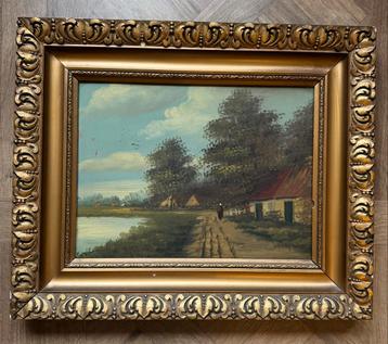 Antieke olieverf op paneel met gouden sierlijst beschikbaar voor biedingen