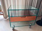Glazen Bijzettafel met Houten Lade, Huis en Inrichting, Tafels | Bijzettafels, Minder dan 55 cm, Gebruikt, Vierkant, Glas
