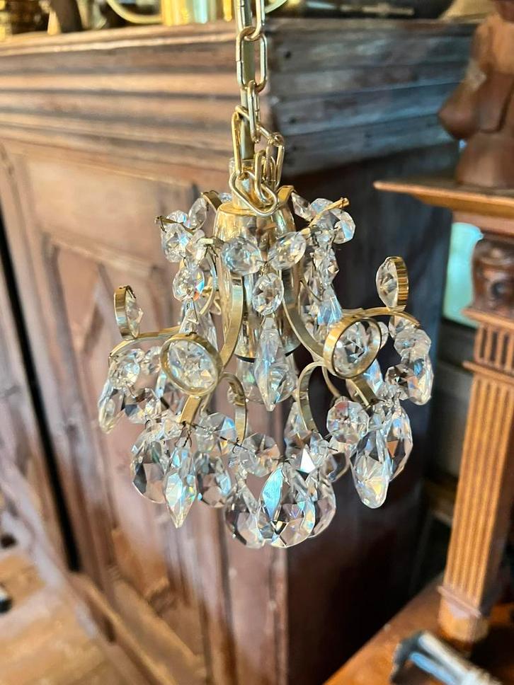 Antiek kristal kleine kooi kroonluchtertjes, Huis en Inrichting, Lampen | Kroonluchters, Gebruikt, Glas, Metaal, Ophalen of Verzenden