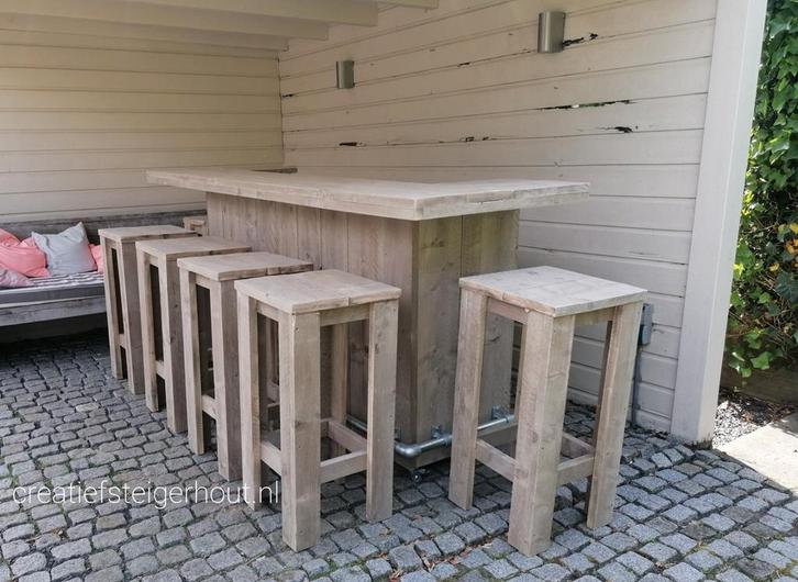 Steigerhouten bar buitenbar met krukken steigerbuis mancave, Huis en Inrichting, Barren, Nieuw, Inclusief barstoelen, Ophalen of Verzenden