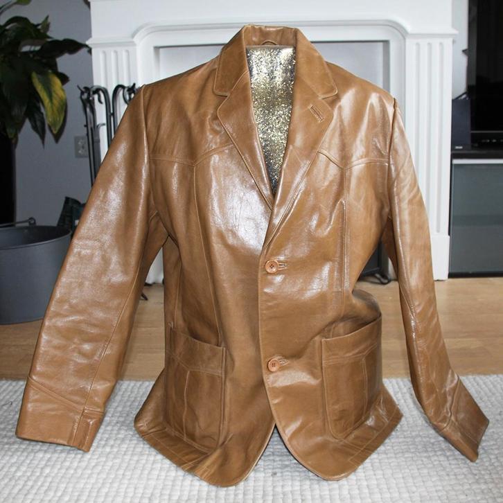 Bruin Leren One Line Leatherwear Jas (L) € 50,-, Kleding | Dames, Jassen | Winter, Zo goed als nieuw, Maat 42/44 (L), Bruin, Ophalen of Verzenden