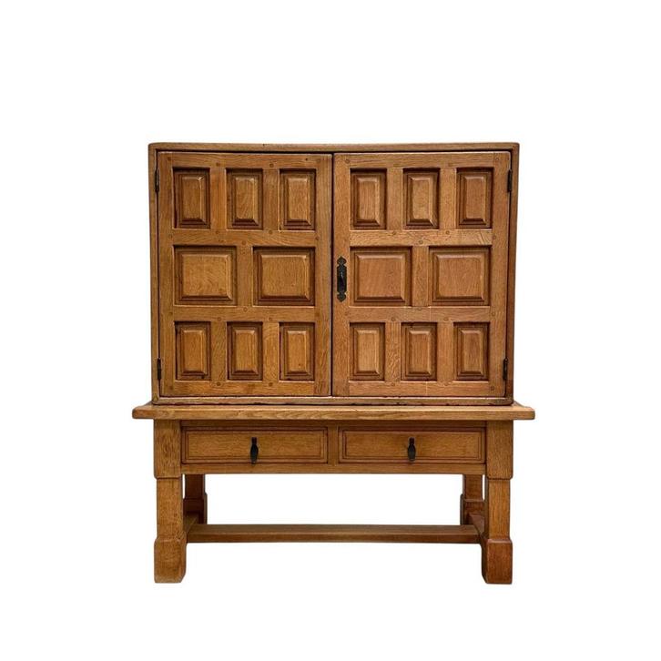Spaans eiken kabinet brutalist vintage design jaren 70, Huis en Inrichting, Kasten | Buffetkasten, Gebruikt, 100 tot 150 cm, 100 tot 150 cm
