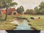 Boerderij, en koeien in de wei aan het water, Antiek en Kunst, Kunst | Schilderijen | Klassiek, Ophalen of Verzenden