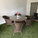 Ronde Wicker tuinset met glasplaat – 4 stoelen / Prima staat, Gebruikt, Verzenden, ., .