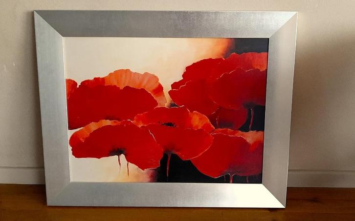Schilderij rode KLAPROZEN / PAPAVERS in zilverkleurige lijst, Huis en Inrichting, Woonaccessoires | Schilderijen, Tekeningen en Foto's