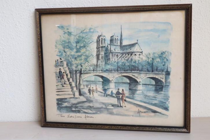 Vintage aquarelafdruk door Arno, Parijs, Notre Dame, Antiek en Kunst, Kunst | Schilderijen | Klassiek, Ophalen of Verzenden