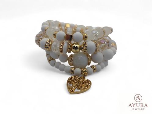 Bohemian armbanden - set van 4 - Wit & Goud, Sieraden, Tassen en Uiterlijk, Armbanden, Nieuw, Kunststof of Plastic, Wit, Met bedels of kralen