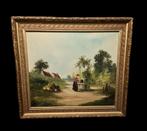 Landschap Vrouw met kippen.Gesign., Antiek en Kunst, Kunst | Schilderijen | Klassiek, Ophalen of Verzenden