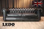 Engelse Chesterfield 3-zitsbank, echt leer, blauw, Chesterfield, Driepersoons, Ophalen of Verzenden, Zo goed als nieuw