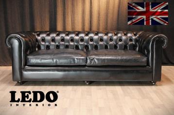 Engelse Chesterfield 3-zitsbank, echt leer, blauw beschikbaar voor biedingen