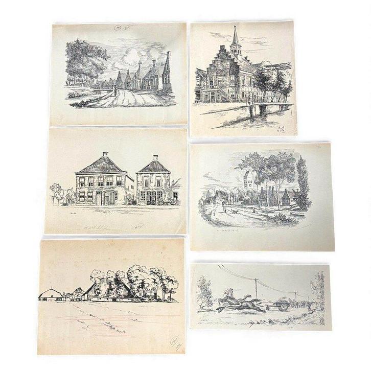 Bouke van der Sloot (1908-1994) - 6x inkttekening, Antiek en Kunst, Kunst | Tekeningen en Foto's, Ophalen of Verzenden