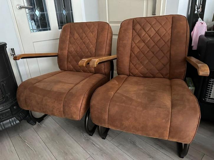Cognac velvet fauteuils - set van 2, Huis en Inrichting, Fauteuils, Zo goed als nieuw, Hout, Metaal, Stof, 50 tot 75 cm, Minder dan 75 cm