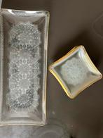 Glazen cakeschaal met 6 kleine schaaltjes, Antiek en Kunst, Ophalen