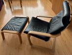 POÄNG Armchair, oak veneer / black leather + footstool, Huis en Inrichting, Gebruikt, Eén, Zwart, Ophalen