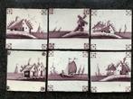 Antieke Mangaan tegels, set van 6: bootjes & terpen & molen., Antiek en Kunst, Antiek | Wandborden en Tegels, Ophalen of Verzenden