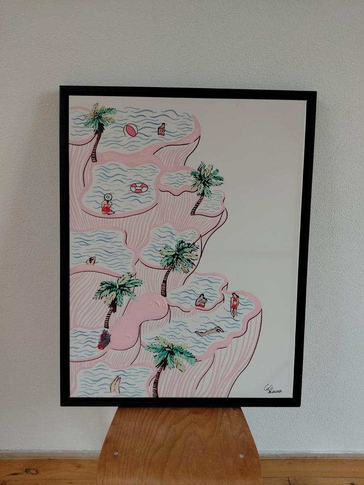 Groot schilderij tropisch zwembad pastel Ibiza Coco Maison, Antiek en Kunst, Kunst | Overige Kunst, Ophalen of Verzenden