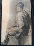 19e eeuw - Zittende man met kist - Gesigneerd, Ophalen of Verzenden