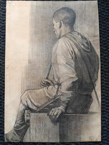 19e eeuw - Zittende man met kist - Gesigneerd  beschikbaar voor biedingen