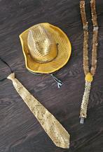 Carnavalshoed, bretels en stropdas goud., Ophalen of Verzenden, Zo goed als nieuw, Overige maten