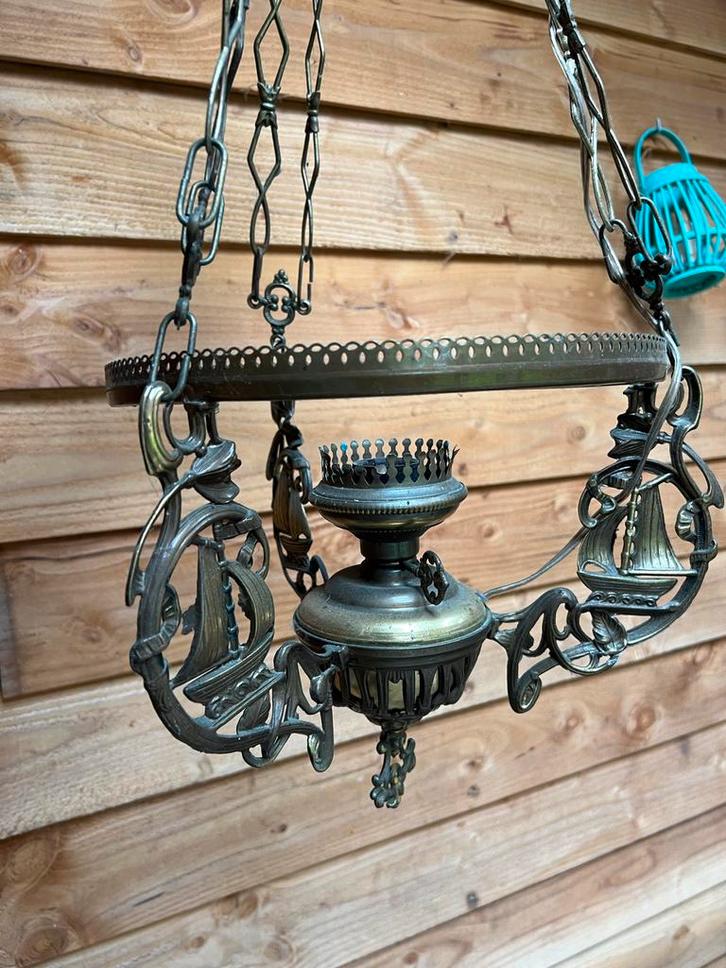 Antieke Hanglamp met Scheepsmotieven, Huis en Inrichting, Lampen | Hanglampen, Gebruikt, Minder dan 50 cm, Metaal, Ophalen