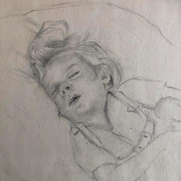 Originele oude tekening: slapend kind beschikbaar voor biedingen