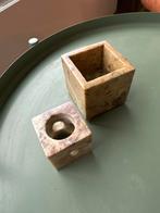 Vintage Marmeren Kubus Kandelaar - Mid Century Design, Overige materialen, Gebruikt, Beige, Ophalen of Verzenden