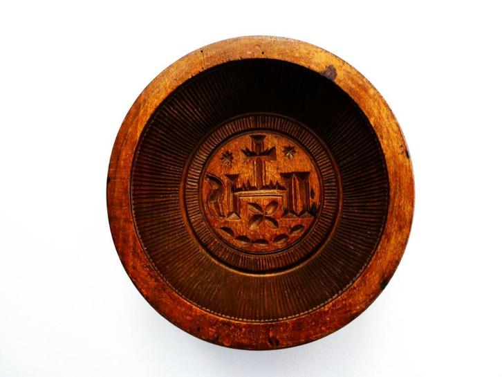 Religieuze houtgesneden botervorm / botermal / mal met IHS, Antiek en Kunst, Antiek | Religie, Ophalen of Verzenden