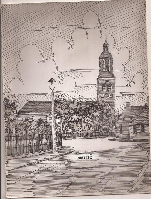 Eenrum Dorpsgezicht Kerk Pentekening Sievers 50/60er jaren, Antiek en Kunst, Kunst | Etsen en Gravures, Ophalen of Verzenden